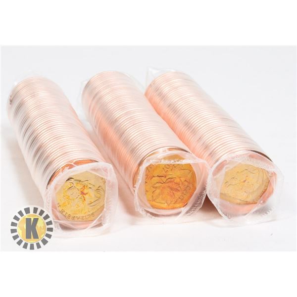 THREE UNCIRCULATED ROLLS OF 2007 CANADIAN PENNIES
