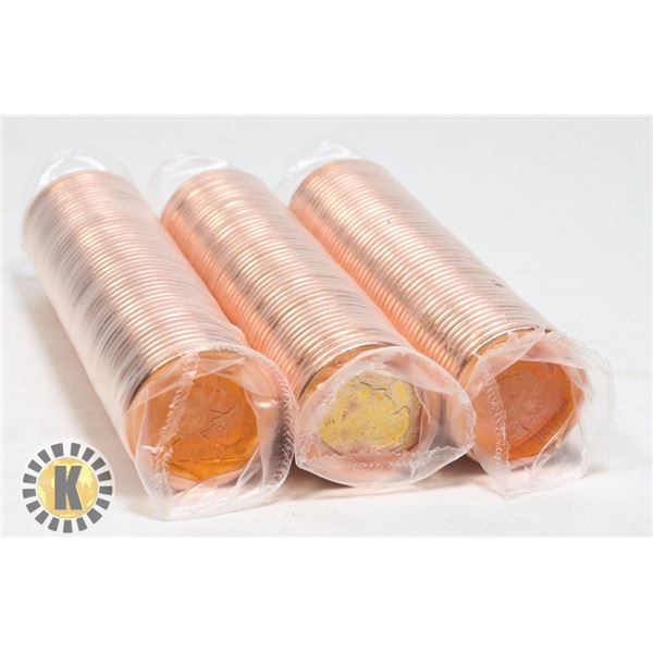THREE UNCIRCULATED ROLLS OF 2012 CANADIAN PENNIES