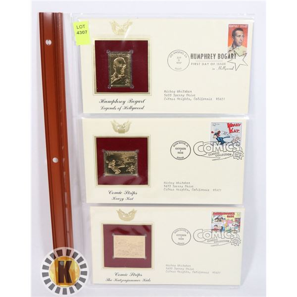 LOT OF THREE 22K GOLD REPLICA STAMPS WITH FIRST