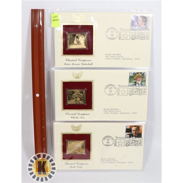 LOT OF THREE 22K GOLD REPLICA STAMPS WITH FIRST