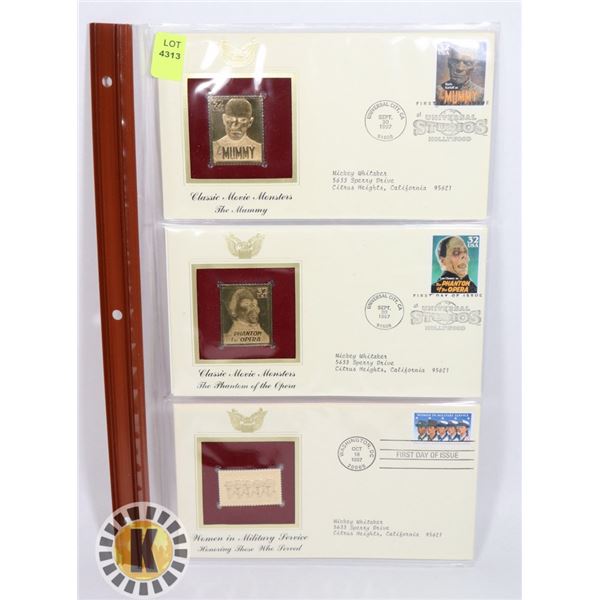 LOT OF THREE 22K GOLD REPLICA STAMPS WITH FIRST