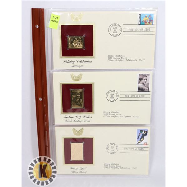 LOT OF THREE 22K GOLD REPLICA STAMPS WITH FIRST
