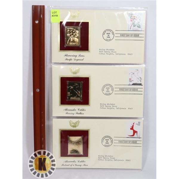 LOT OF THREE 22K GOLD REPLICA STAMPS WITH FIRST