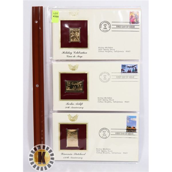 LOT OF THREE 22K GOLD REPLICA STAMPS WITH FIRST