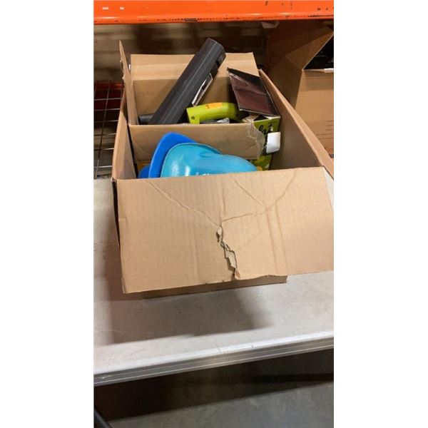 BOX OF HARD HATS, SAFETY HARNESS, WALKIE TALKIES AND ELECTRIC LEAFBLOWER