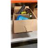 Image 1 : BOX OF HARD HATS, SAFETY HARNESS, WALKIE TALKIES AND ELECTRIC LEAFBLOWER
