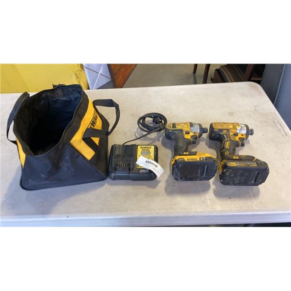 DEWALT CORDLESS TOOL SET - 2 DEWALT CORDLESS IMPA CT GUNS, 2 BATTERIES AND CHARGER - TESTED WORKING