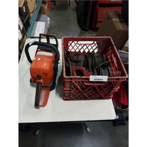 CRATE OF MILWAUKEE TOOLS AND STIHL CHAINSAW AS IS PARTS