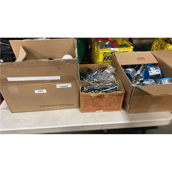 3 BOXES OF PEGAS PIPE CONNECTORS, PVC CONNECTORS AND PEGBOARD HOOKS