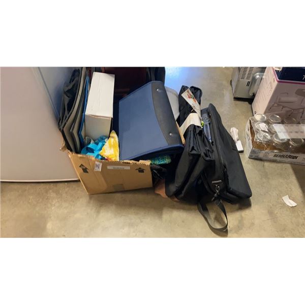 BOX OF LAPTOP BAGS, SMALL AREA MAT AND MORE