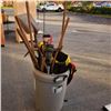 Image 1 : GARBAGE CAN OF SHOVELS, PICK AXE AND LIFE JACKETS