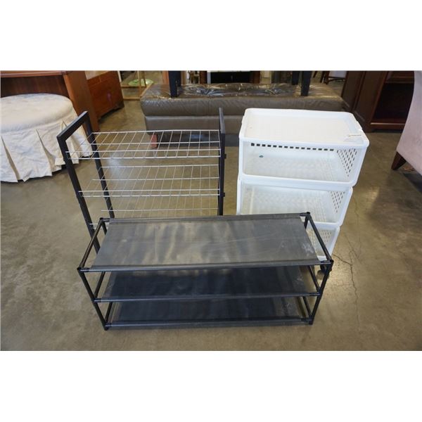 2 SHOE RACK AND 3 TIER ROLLING ORGANIZER