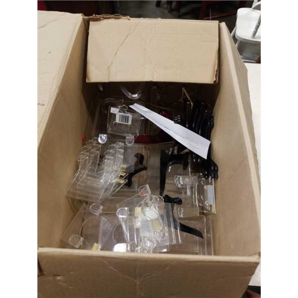 BOX OF DISPLAY ACRYLICS, PLATE STANDS, RISER AND MORE