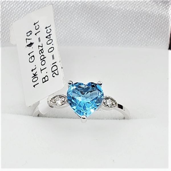 NEW 10KT. WHITE GOLD 6.5MM X 6.5MM GENUINE BLUE TOPAZ (1CT) & DIAMOND (0.04CTS) HEART RING, W/A $186