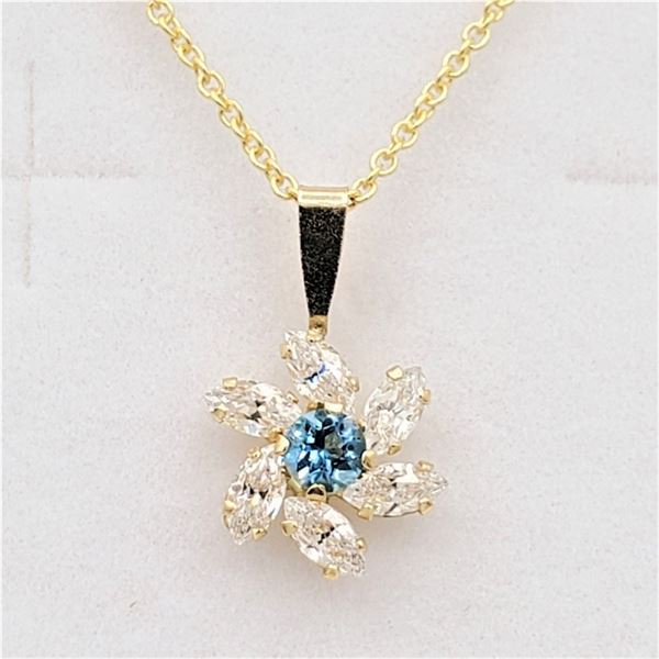 10KT. YELLOW GOLD 2.65MM X 2.64MM GENUINE BLUE TOPAZ (0.1CTS) & CZ PENDANT WITH STERLING CHAIN, W/A 