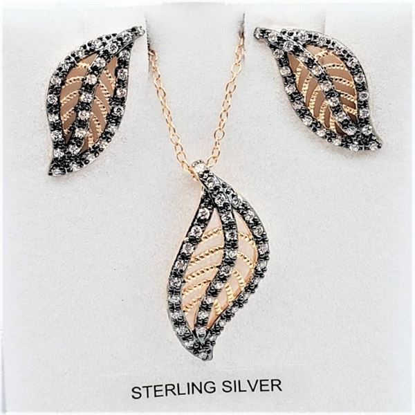 NEW STERLING SILVER ROSE RHODIUM PLATED CZ EARRINGS & PENDANT WITH CHAIN, W/A $760.00