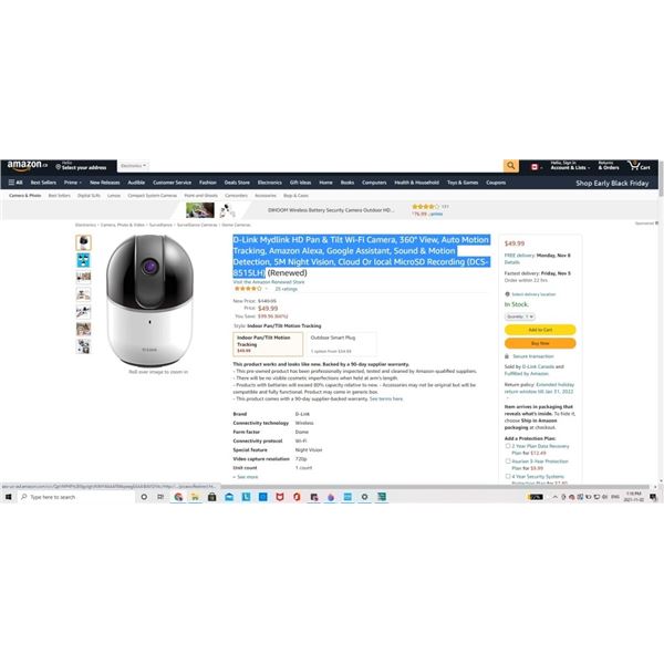 D-Link Mydlink HD Pan & Tilt Wi-Fi Camera, 360° View, Auto Motion Tracking, Amazon Alexa, Google Ass