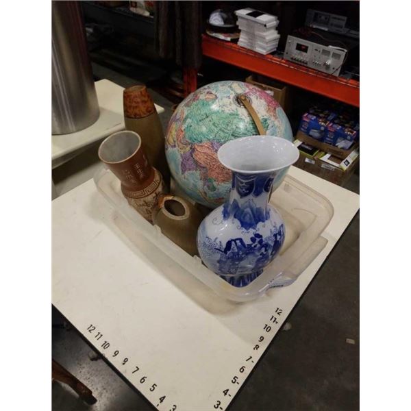 MACLEANS WORLD GLOBE AND EASTERN VASE WITH WOOD VASES