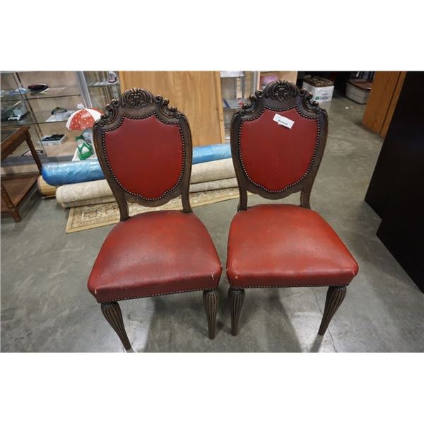 2 CARVED STUDDED LEATHER DINING CHAIRS