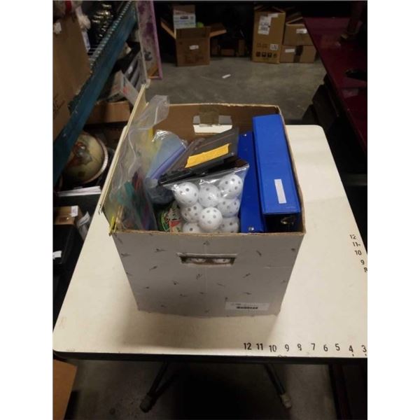 BOX OF MISC ITEMS - CLOCK RADIO, PRACTICE GOLF BALLS, PENS, ETC