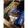 Image 7 : BOX OF MISC ITEMS - CLOCK RADIO, PRACTICE GOLF BALLS, PENS, ETC