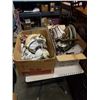 Image 1 : 2 BOXES OF VINTAGE COLLECTABLES, COLONIAL STYLE ELECTRIFIED LAMP, BED WARMER