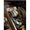 Image 4 : 2 BOXES OF VINTAGE COLLECTABLES, COLONIAL STYLE ELECTRIFIED LAMP, BED WARMER