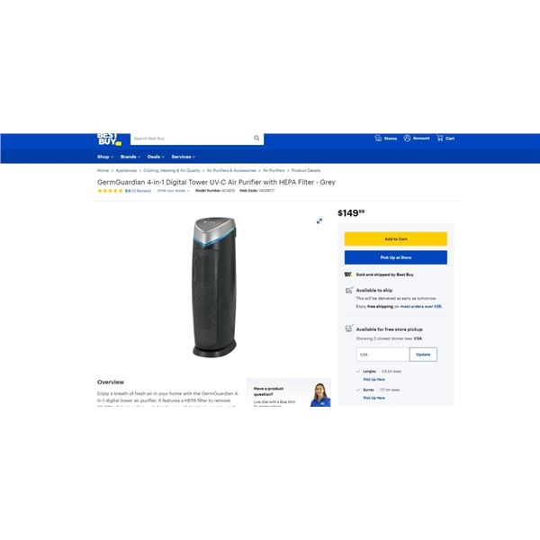 GermGuardian 4-in-1 Digital Tower UV-C Air Purifier with HEPA Filter - Grey Retail $150