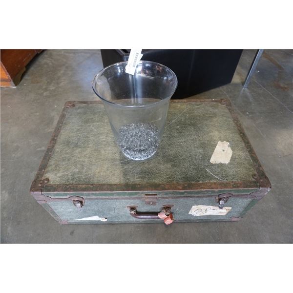 VINTAGE STEAMER TRUNK AND GLASS VASE WITH GLASS ROCK