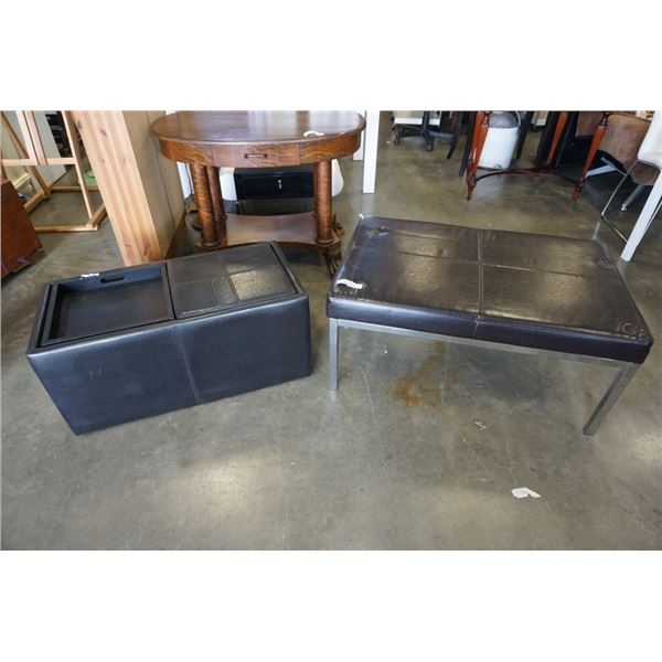 BLACK LEATHER LOOK STORAGE OTTOMAN WITH 2 REVERSIBLE LIDS AND LEATHER LOOK BENCH