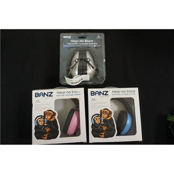 3 PAIRS BABY BANZ EARMUFFS TWO 0 - 2 YEARS, ONE 2+ YEARS - RETAIL $118.99