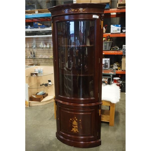 BOWED GLASS CORNER CABINET - NO KEY, SKELETON KEY REQUIRED