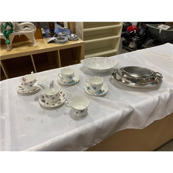 LIMOGES CHINA DISH, 4 CHINA CUPS AND SAUCERS