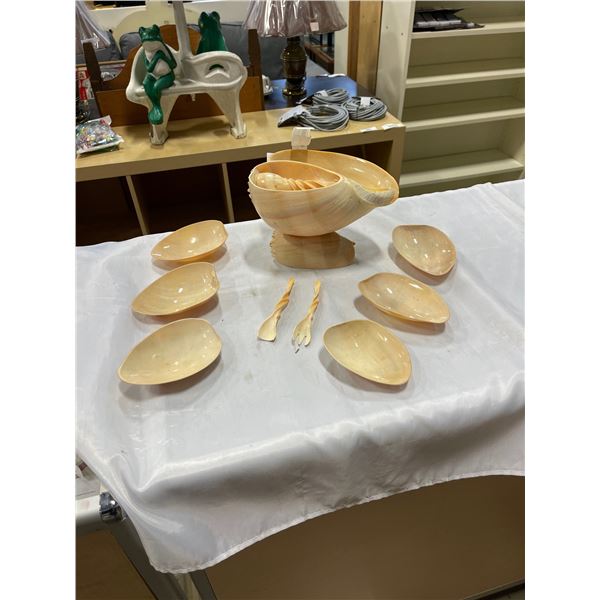 SPIRAL SHELL SERVING DISH WITH SHELL BOWLS AND FORK AND SPOON