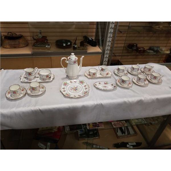 14 ROYAL ALBERT PETITE POINT CHINA, COFFEE POT WITH LID, 8 CUPS AND SAUCERS AND MORE