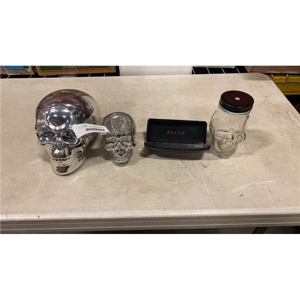 GLASS SKULL PIPE, SKULL COIN BANK, MASON JAR AND VASE