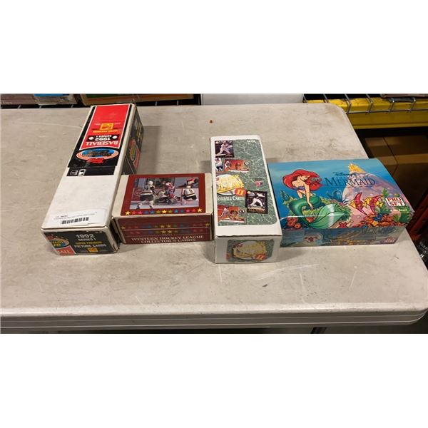 4 BOXES OF PRO SET TOPPS AND FLEER TRADING CARDS: BASEBALL, HOCKEY, THE LITTLE MERMAID