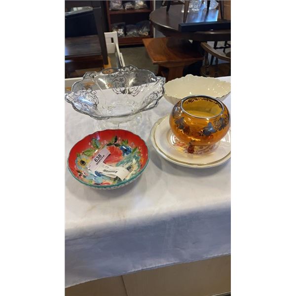 2 SILVER ETCHED BOWLS WITH PORCELAIN BOWLS AND COMMEMORATIVE PLATES