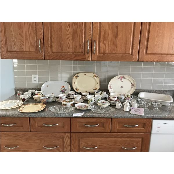 Asst Dishes: Teacups and Saucers, Sugar and Creamer, Salt and Pepper Shakers, Plates, Platters, Hor 