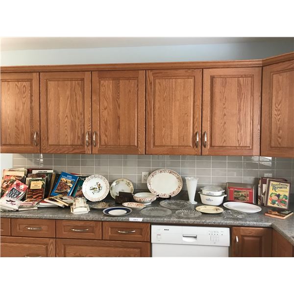 Asst Platters, Ornate Butter Dish, Huge Lot of Cookbooks, Milk Glass, Corning Ware