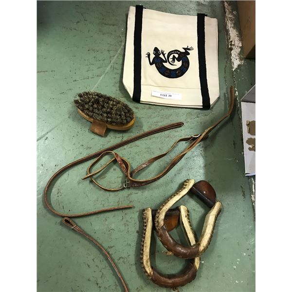 Stirrups, bag, brush, leather headstall with throat latch
