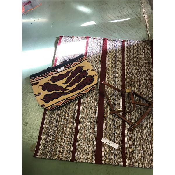 Western saddle blanket, bag, leather halter