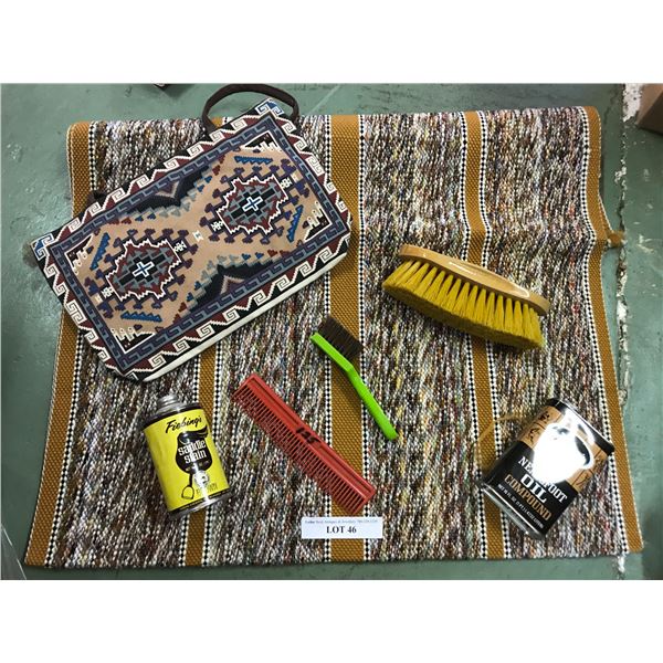 Western saddle Blanket, bag, & brushes, Saddle Stain, Neats Foot-Oil Compound