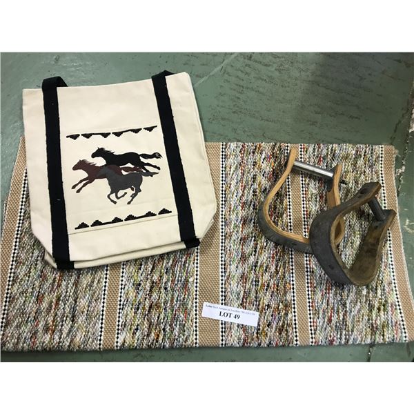 Western saddle Blanket, stirrups, bag