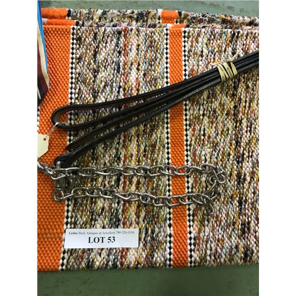 Bag, western saddle blanket, leather lead rope with shank