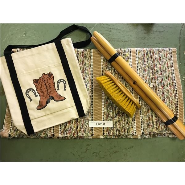 Western saddle Blanket, bag, tripod stool legs (x3), brush