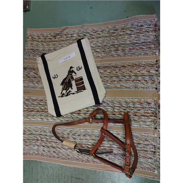 Western saddle blanket, leather halter, bag