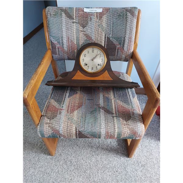 New Haven mantle clock, fabric seated wood chair