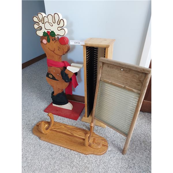 Wooden reindeer decor, wood CD tower, wooden horseshoe coat hook/rack, vintage washboard with glass
