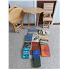 Image 1 : 3 Wooden TV trays with stand, 2 wooden folding stools, asst books and magazines
